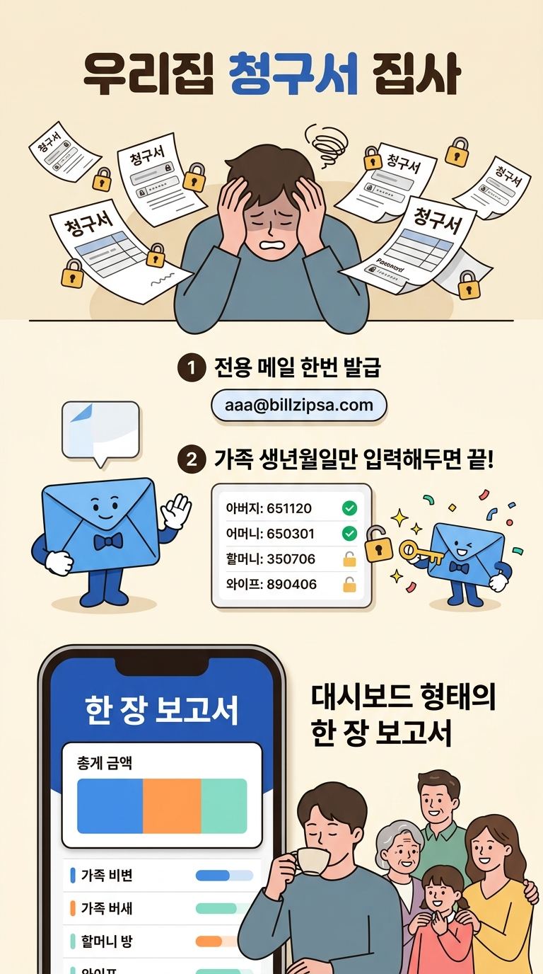 잠긴 청구서에 지친 사람 → 전용 메일 발급 → 가족 생년월일 입력 → 한 장 보고서